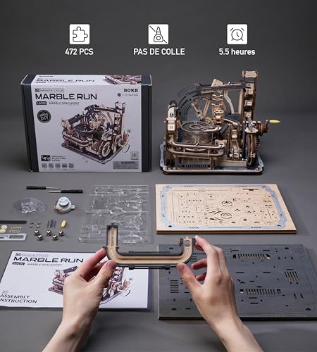 ROKR Electric Marble Run Model Kits For Adults to Build,Marble Spaceport 3D Wooden Puzzle,Night City 2.0,Unique Gift Idea for Men Kids (LGC01)