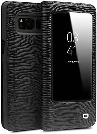 QIALINO Genuine Leather Samsung Galaxy S8 Plus Case (with Kickstand, Smart Window and Auto Sleep/Wake Smart Cover), Black