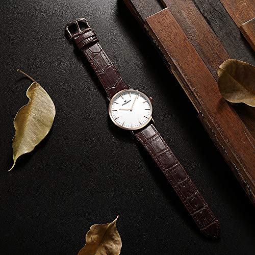 Tonnier Stainless Steel Slim Men Watch Quartz Watch Black Face (Brown Leather with Rose Gold Case)