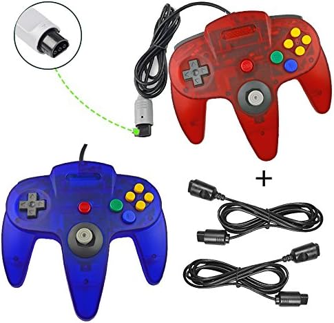 Koalud 2 Packs Classic Retro Wired Gamepad Controllers with 2 x 6ft Extension Cables For Nintendo 64 Nintendo64 N64 console(Clear red and Clear blue)