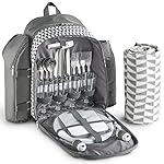 VonShef 4 Person Geo Grey Picnic Backpack With Blanket - Includes 29 Piece Dining Set & Cooler Compartment to Keep Food Chilled for Longer