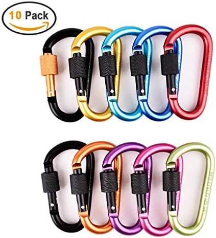 AsapGot 10pcs Aluminum D-Ring Locking Carabiner Hook,Strong Large D Shape Carabiner Clip Screw Carabiner Keychain Hook for Outdoor Camping Heavy Duty Spring Lock Hooks (Multicolor)