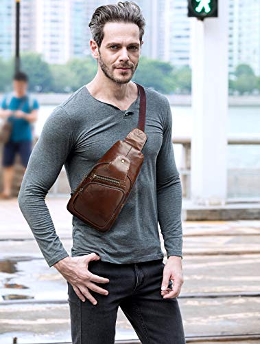 Leather Sling Bag For Men Crossbody Chest Bag Headphones Backpack Outdoor Travel Pack