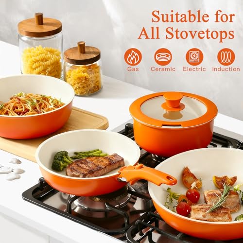 GiPP 5pcs Pots and Pans Set Non Stick, Nonstick Cookware Set Detachable Handle,Ceramic Coating Pots for Cooking Non Stick with Removable Handle, RV Cookware Set, Orange Gradient