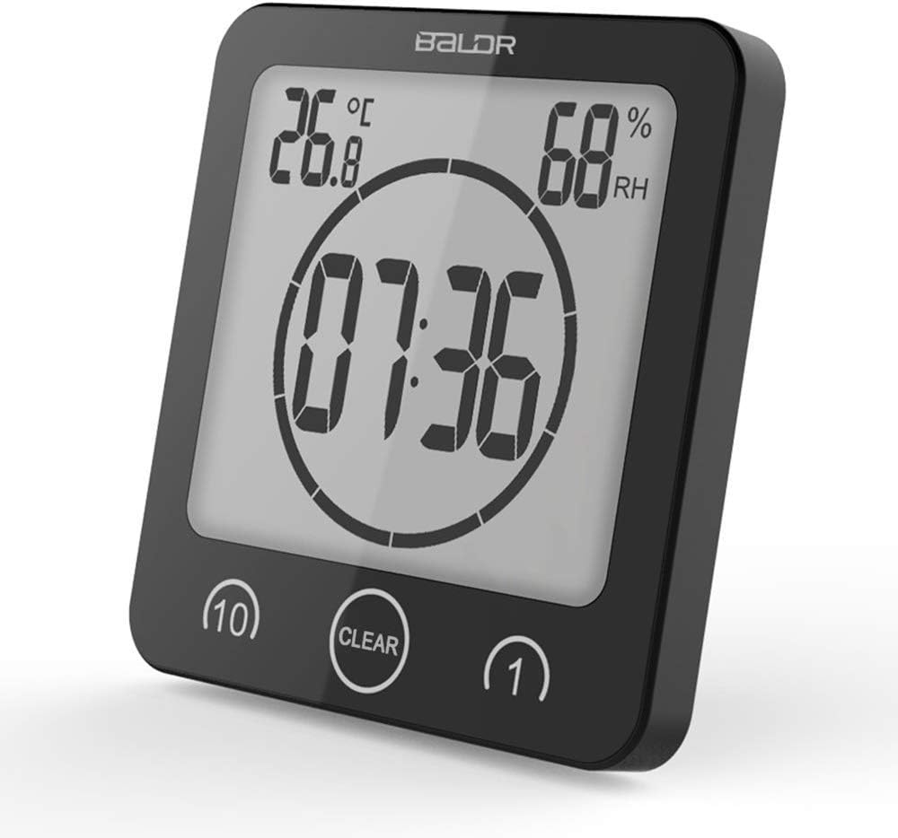 FXxswey LCD Digital Shower Clock, Bathroom Clock with Timer Temperature Humidity Waterproof Wall Suction Cup Hole Stand Kitchen Timer (Black)