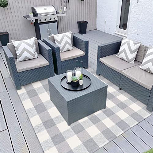 LEEVAN Buffalo Plaid Outdoor Rug 4x6 ft Grey Buffalo Check Rug Hand