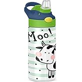 Kigai Cute Cow Kids Water Bottle with Straw Lid, BPA Free, 12oz Stainless Steel Vacuum Insulated Leakproof Flask Kids Thermos for Toddlers, School, Office