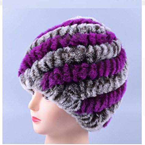 New Design Genuine Rex Fur Pom poms Snow Cap Winter Hats for Girls Skull Cap Real Fur Knitting Rabbit Skullies Beanies Women Hats (Coffee Purple)
