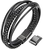 Ostan Mens Bracelet Men`s Braided Leather Bracelet Multilayer Fashion Wrist Cuff Bangle Black