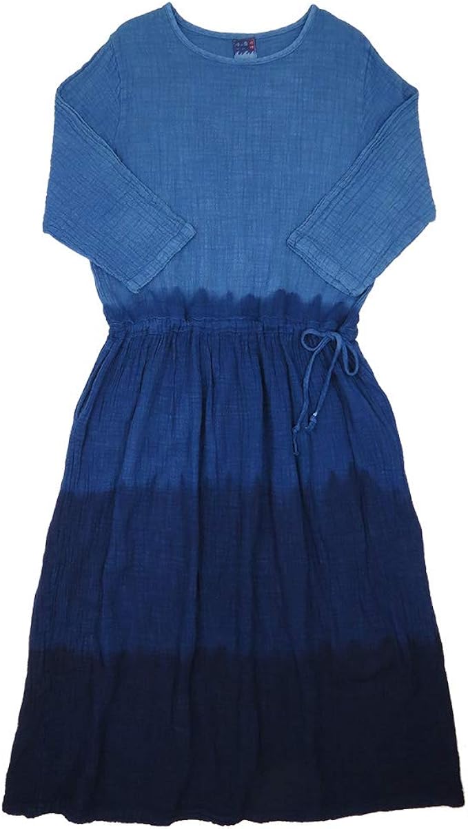 Amazon Co Jp 琉球藍染め 七分袖 ワンピース ウエスト切替え ギャザー紐付き 綿麻混紡 服 ファッション小物