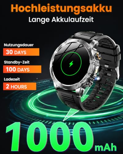 Karchilor Military Smartwatch Men's with 1000 mAh Battery - Fitness Watch with Bluetooth Calls, 1.7 Inch HD Display, LED Torch, IP68, 110+ Sports Modes, Heart Rate and Sleep Analysis, for iOS