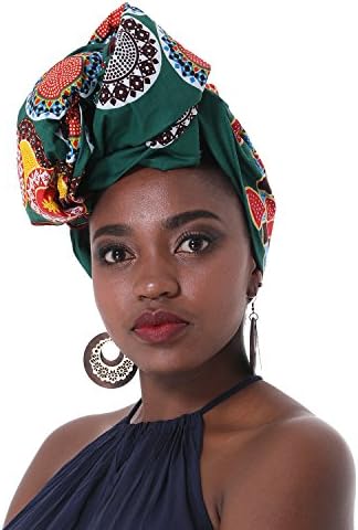 Chien Multi-color Urban Ladies Hair Accessory Headband,Bazin Wax Print Wrap Tie Scarf, African Head Scarf Gele Ipele (Dark Green)