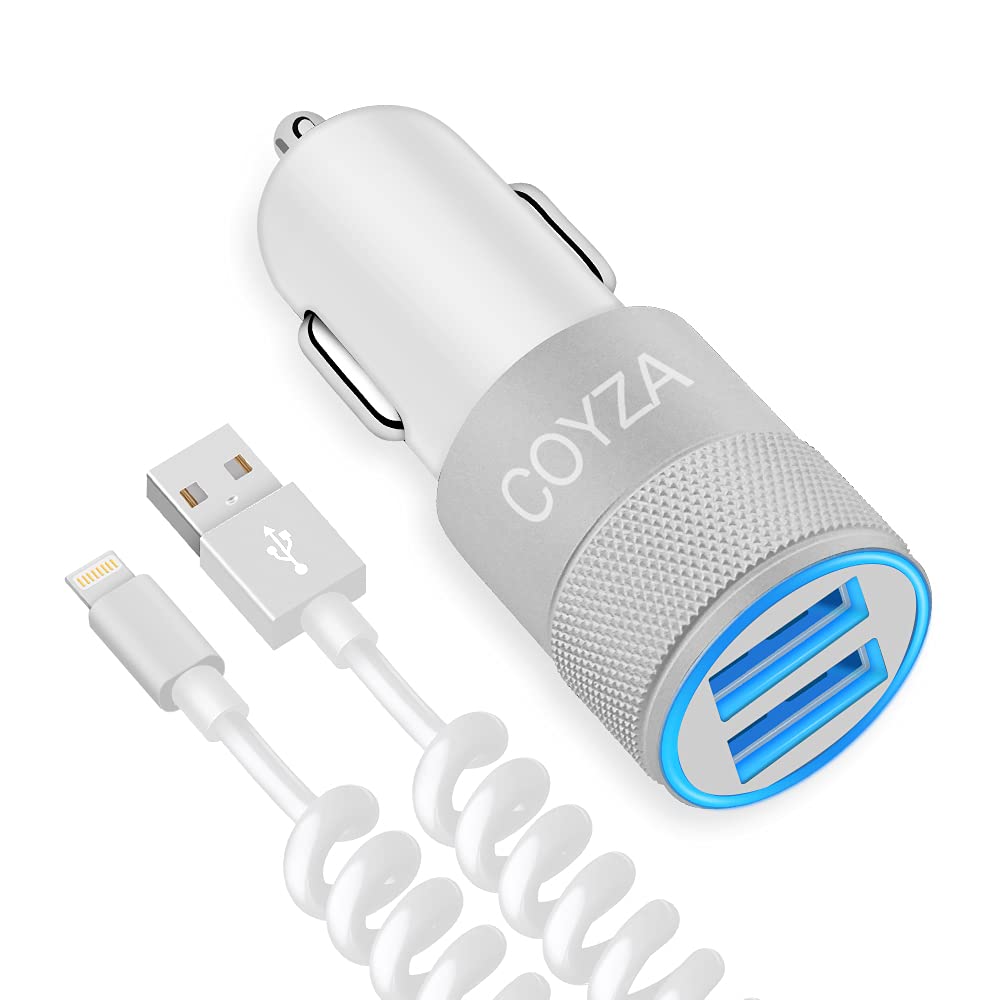 [MFi Certified] COYZA Fast Car Charger Adapter, for iPhone 14/13/12/11/Pro Max/Pro/Mini/X/XS/XS MAX/XR/SE 2020/8 Plus/8/7 Plus/7/6s/6/5/SE, 3.1A Dual USB Ports with Coiled Charging Cable Cord