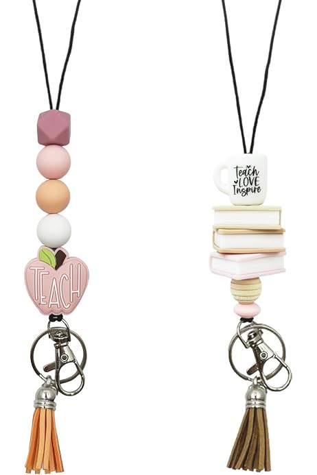 Beaded Wooden Silicone Lanyards For ID Badges - Teacher Lanyard With Badge Holders & Essential Oil Pads, 34 Inch