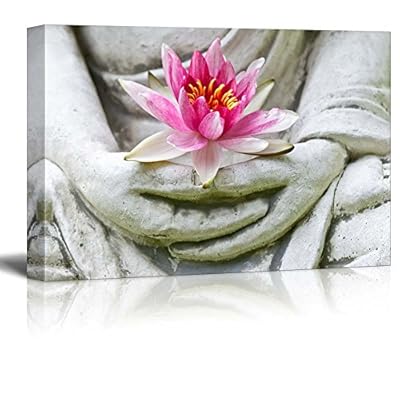 Buddha Statue Holding a Pink Lotus Flower - Canvas Art Home Art - 24x36 inches