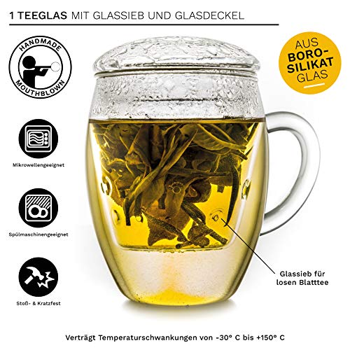Creano Teeglas all in one, GroÃe Teetasse mit Sieb und Deckel aus Glas, 400ml ein idealer Teebereiter – Bild 4