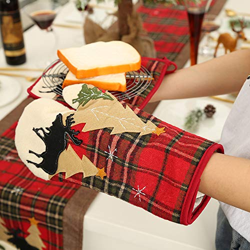 Homecube Christmas Cute Heat Resistant Oven Mitts and Pot Holders Set- Plaid Cotton Christmas Trees & Reindeer Hot Pads for Cooking and Baking Grilling Christmas Style