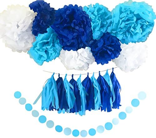Boy's Baby Shower Decorations Set and Birthday Party Decor Kit / Blue and White Pom Pom Tissue Flowers and Tissue Paper Tassels Garland Set by Memories Party Decor 41 Pieces
