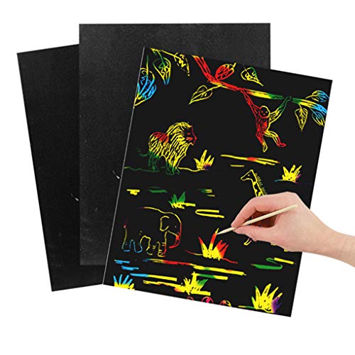 STKYGOOD Rainbow Scratch Paper Scratch Art Paper 50 Pcs Rainbow Sketch Pad Black Doodle Pad Scratch Painting with 5 Wooden Stylus 4 Drawing Molds