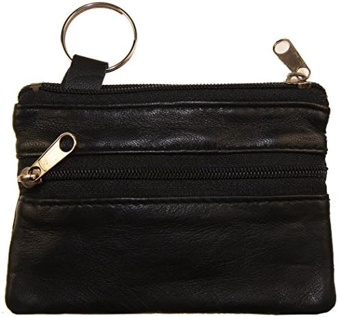 Improving Lifestyles Leather Coin Two (2) Zipper Small Pouch Black with Organza Bag SUN180BK
