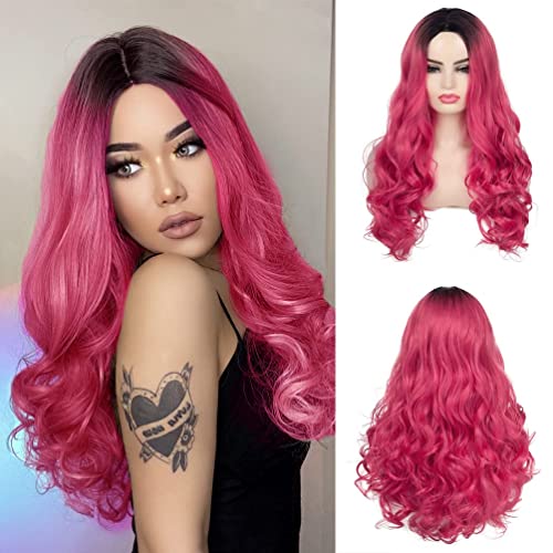Ombre Hot Pink Wig Long Curly Wavy Synthetic Dark Roots Wigs for Women Middle Part Costume Cosplay Wig