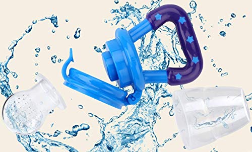 Gedebey Baby Food Feeder, Pacifier Fruit- Fresh Silicone Bottle Squeeze Spoon Frozen Fruit Teething Pacifiers Nibbler Hygienic Cover Newborn Teeth with Meshes Sizes for Baby Food Spoon (Blue)