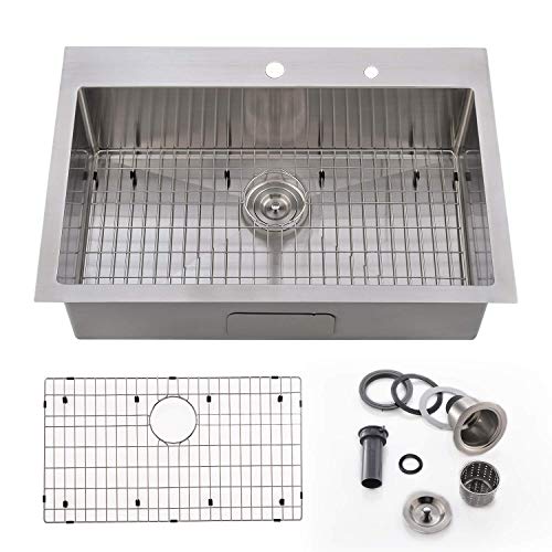 Bokaiya 30" Topmount Kitchen Sink 16 Gauge Stainless Steel Handmade Deep Single Bowl Drop In Sink, 9-Ga Extra Thick Panel 2 Hole Kitchen Sink