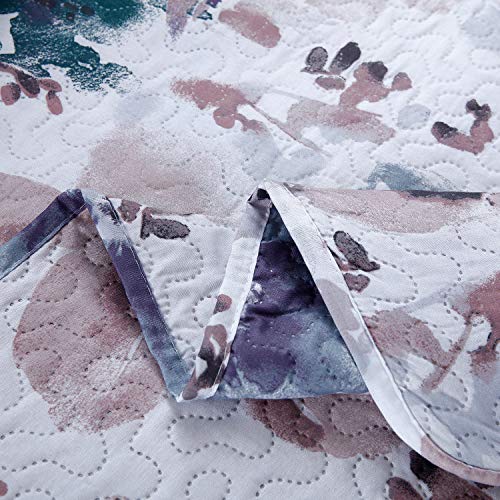 Pink Blue Floral Quilt Set Full/Queen Size Flower Bedding Set Lightweight Summer Bedspread Coverlet with Sham for Kids Teens Adults (1 Quilt+2 Pillow Sham)