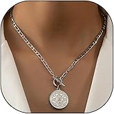 Rrdaily Trendy Gold Large Medallion Pendant Necklace for Women Punk Silver Toggle Clasp Chain Choker Necklace Birthday Anniversary Jewelry Gift