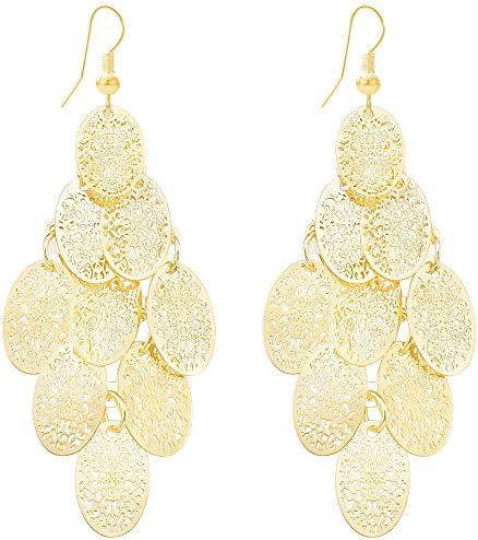 Gold or Silver Chandelier Earrings Filigree Lightweight Dangle Earrings Layer Leaf Teardrop Oval Earrings for Women
