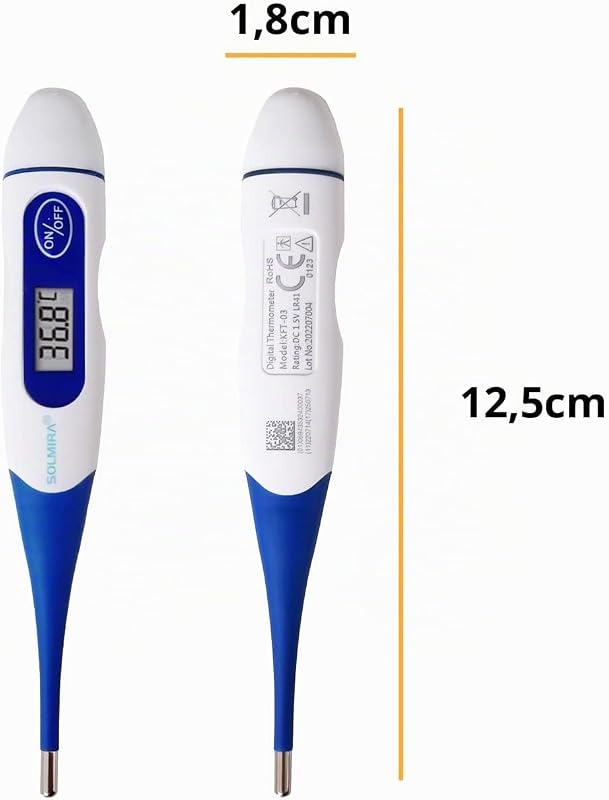 - Termómetro Digital, Preciso ±0.1°C, Punta Flexible, Oral/Rectal/Axilar, Resistente al Agua IP54, Aviso Sonoro, Estuche Incluido, Amarillo/Azul/Azul Marino