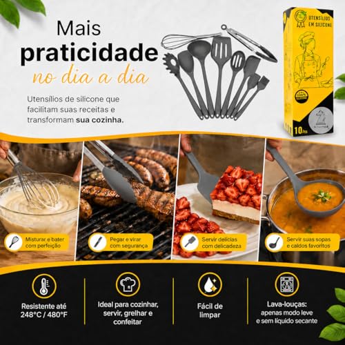 Conjunto CINZA Utensílios Jogo Kit Profissional 10 Peças Cozinha Silicone Resistente a Altas Temperaturas Antiriscos BPA Free Colher Espátula X-MATTE