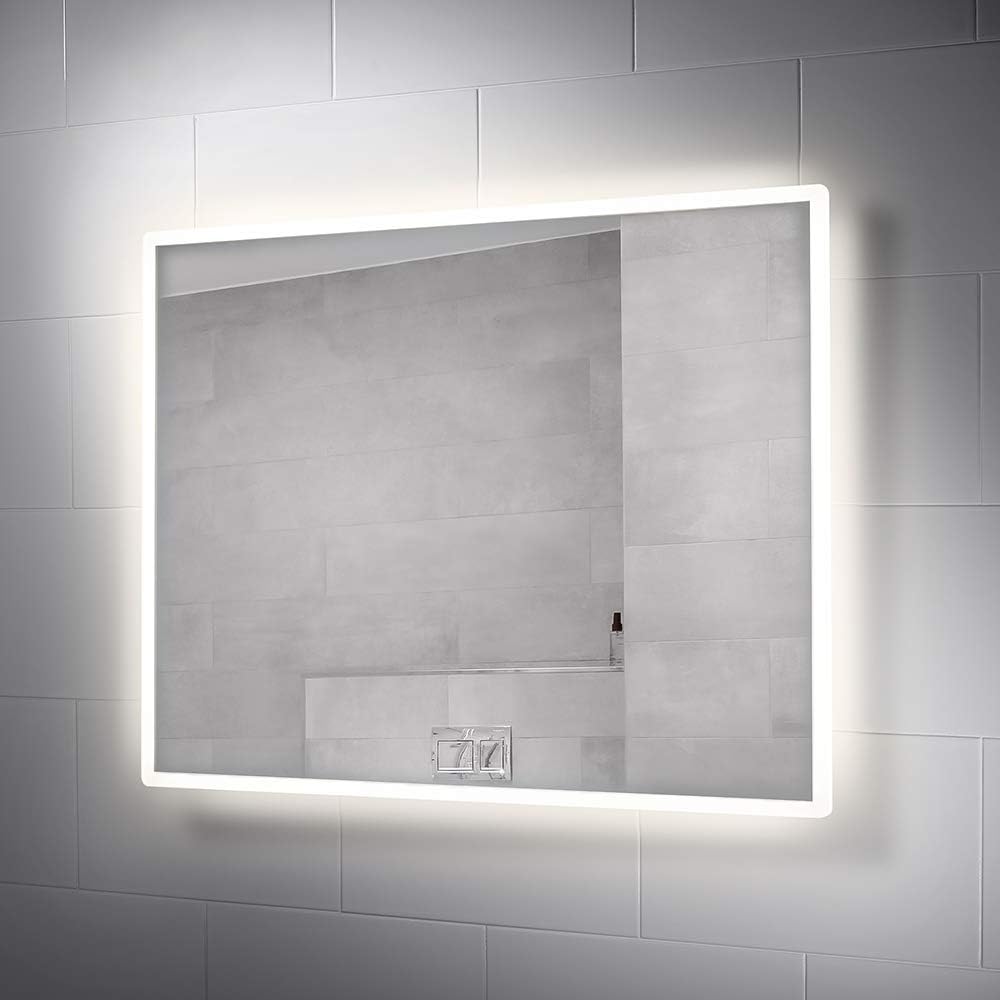 Pebble Grey 28 x 36 Inch Bathroom Vanity Mirror with LED Illuminated Lights and Demister for Anti-Fog | Wall Mounted