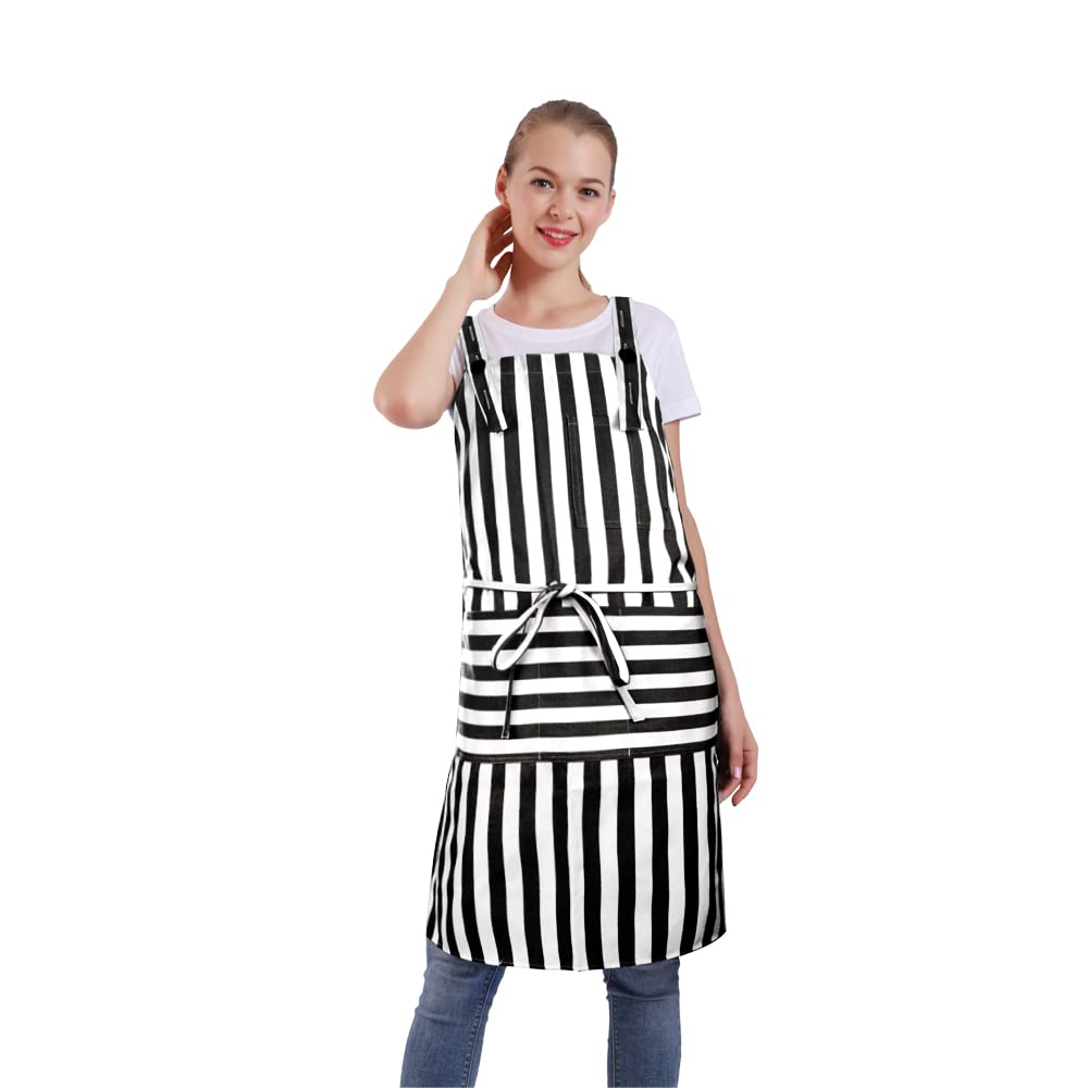 BIGHAS H Back Style Apron with Pocket for Women, Men Adjustable Large Size Comfortable, Kitchen, Home, Cooking 12 Colors (Wide BK&WH Stripes)