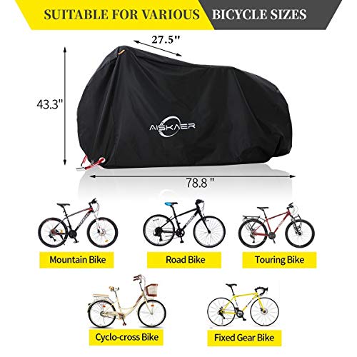 Aiskaer Black Bicycle Cover with Lock Hole Reflective Safety Loops for 29er Mountain Road Electric Bike Motorcycle Cruiser Outdoor Storage, Waterproof, Anti-UV, Heavy Duty Ripstop Material 210D