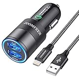 JOOMFEEN Car Charger, Qualcomm Quick Charger 3.0+2.4A 30W Rapid Dual Port USB Car Charger Adapter with 3FT Charging Cable for Phone XR XS Max X 8 Plus 7 Plus 6s Plus 6 Plus 5S