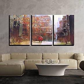 3 Piece Canvas Wall Art - Couple in Red Walking on Street of City,Digital Painting - Modern Home Art Stretched and Framed Ready to Hang - 16"x24"x3 Panels