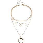 NLMSKI Layered Crescent Moon Star Choker Necklace for Women Gold Herringbone Chain Crescent Pendant Dainty Adjustable Multilayer Fashion Jewelry gift