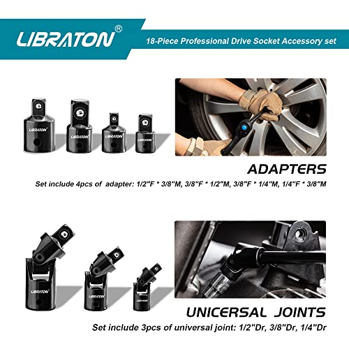 LIBRATON Ratchet Extension Set, Adapters and Sockets, 18PCS Socket Wrench Extensions, Reducers and Gimbals, Square Adapter to Hex 1/4 3/8 1/2