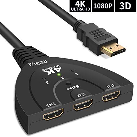 HDMI Switch 4K, TWENS 1995 3 Port Switch Supports 4K/3D/PS3/PS4/Xbox/1080P/Apple TV/DVD Player/Laptop