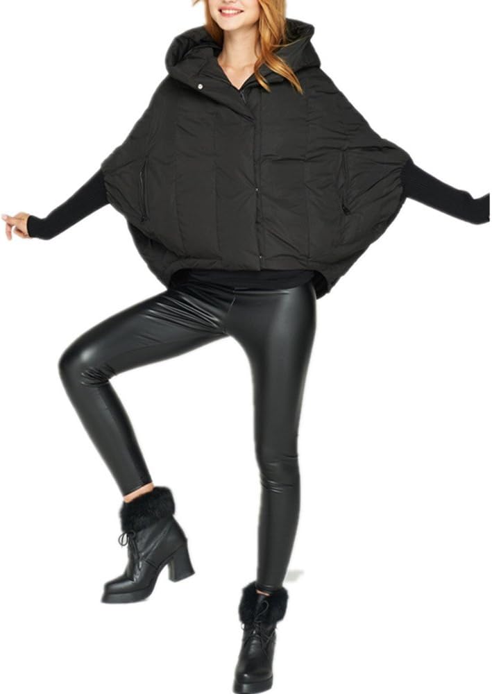 Women Batwing Sleeve Cape Poncho Short Down Coat Hooded Cloak Winter Jacket