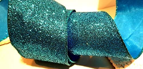 Ribbon Queen 2.5" Wide Wire Edged Wired Christmas Burlap Ribbon Blue Grey Collection Tinsel Bows Cakes Trim (Solid Teal Blue Glitter, 5m)