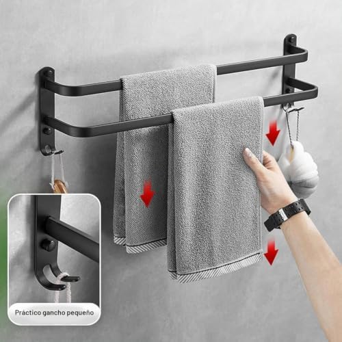 Toalheira preta de 80 cm sem furação, barra dupla de toalhas para casa de banho e cozinha com instalação sem buracos