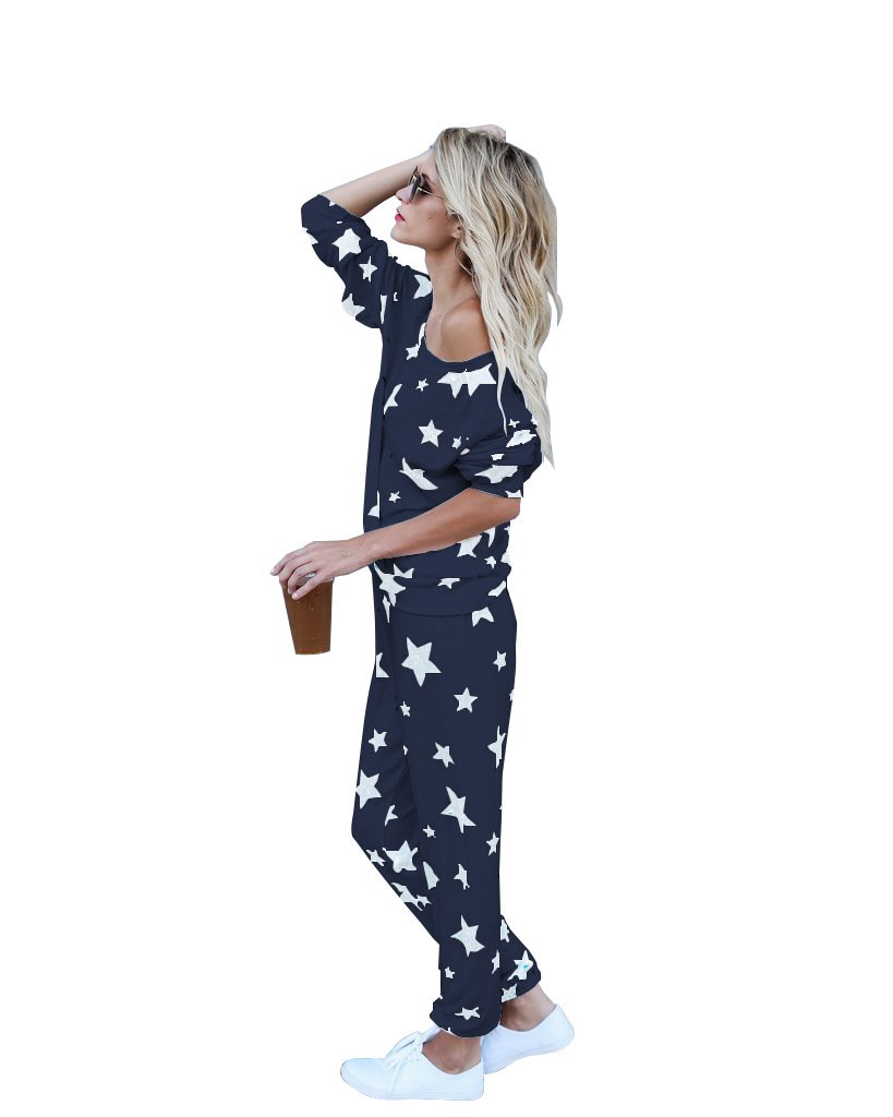 Mycherish Women Round Neck Cotton Flannel Pajamas Two Pieces Set with Star Pattern X-Large Cyan