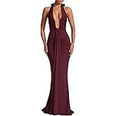 Women's Sexy Deep V-Neck Maxi Dress Sleeveless Halter Ruched Bodycon Formal Cocktail Party Evening Dresses