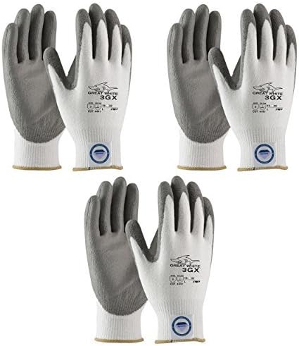 3 Pair Pack Great White 3GX 19-D322 Formerly (19-D622) Cut Resistant Work Gloves, ANSI Cut Level 3,Dyneema/Lycra with Polyurethane Coated Palm and Fingers, Gray/White (Extra Large) by Great White