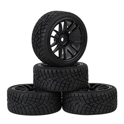 Mxfans 12mm Hex Black Plastic 14-Spoke Wheel Rims & Black Fish Pattern Rubber Tires for RC 1:10 On Road Racing Car Pack of 4