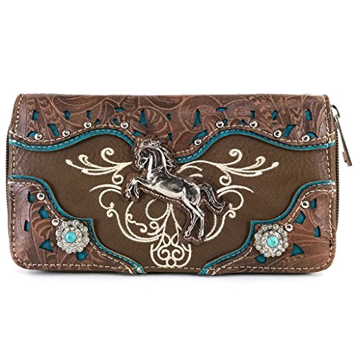 Justin West Western Embroidery Horse Turquoise Concho Rhinestone Studded Shoulder Tote Handbag Purse Wallet (Brown Wallet)