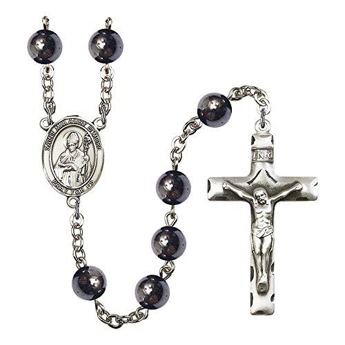 St. Malachy O'More Silver-Plated Rosary 8mm Hematite Beads Crucifix Size 1 3/4 x 1 medal charm