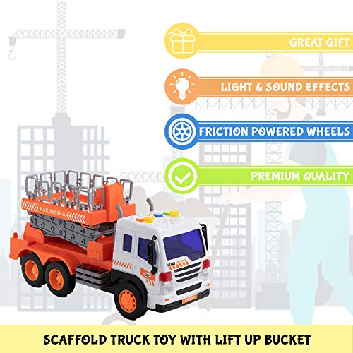 Toy To Enjoy Scaffold Truck Toy with Lift Up Bucket - Friction Powered Wheels & Realistic Detailing - Heavy Duty Plastic Construction Vehicle Toy for Kids & Children
